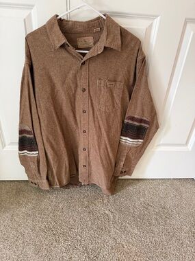 Men's Casual Brown Button-Down Shirt with Striped Elbow Accents